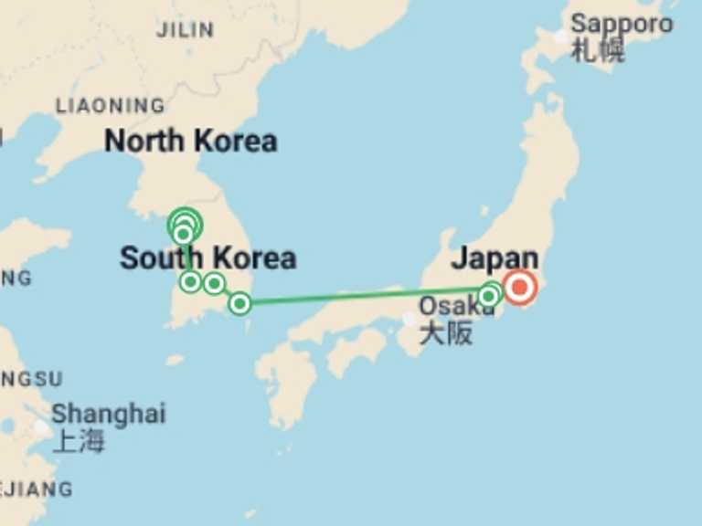 Map itinerary of Asia Tour in October 2026 with 4 destination visits for the trip: Korea, Tokyo, and Mount Fuji