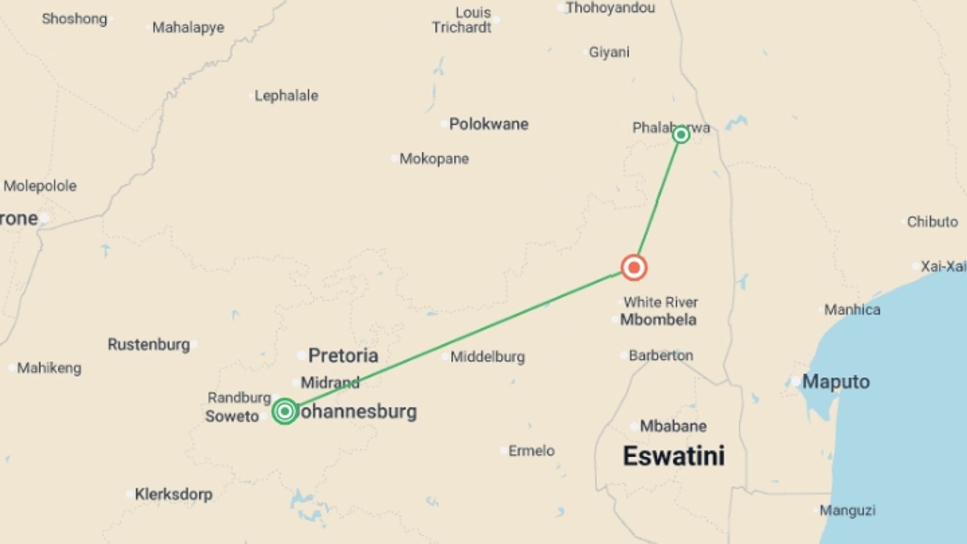 A map showing the tour itinerary for the trip: Essential Kruger Safari, starting in Johannesburg, South Africa and ending in Hazyview, South Africa going through 1 other destinations.
