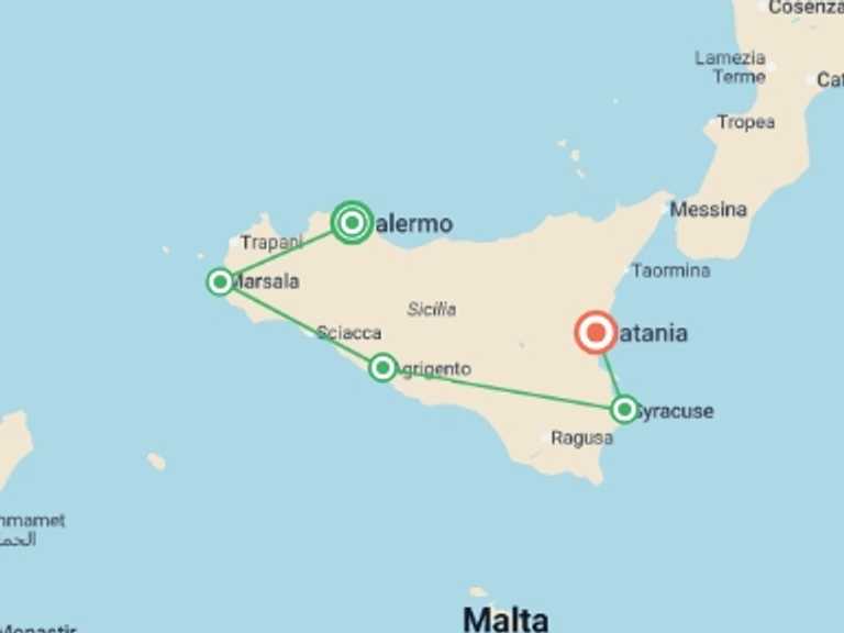 Map itinerary of Italy Tour in October 2027 with 5 destination visits for the trip: Premium Sicily
