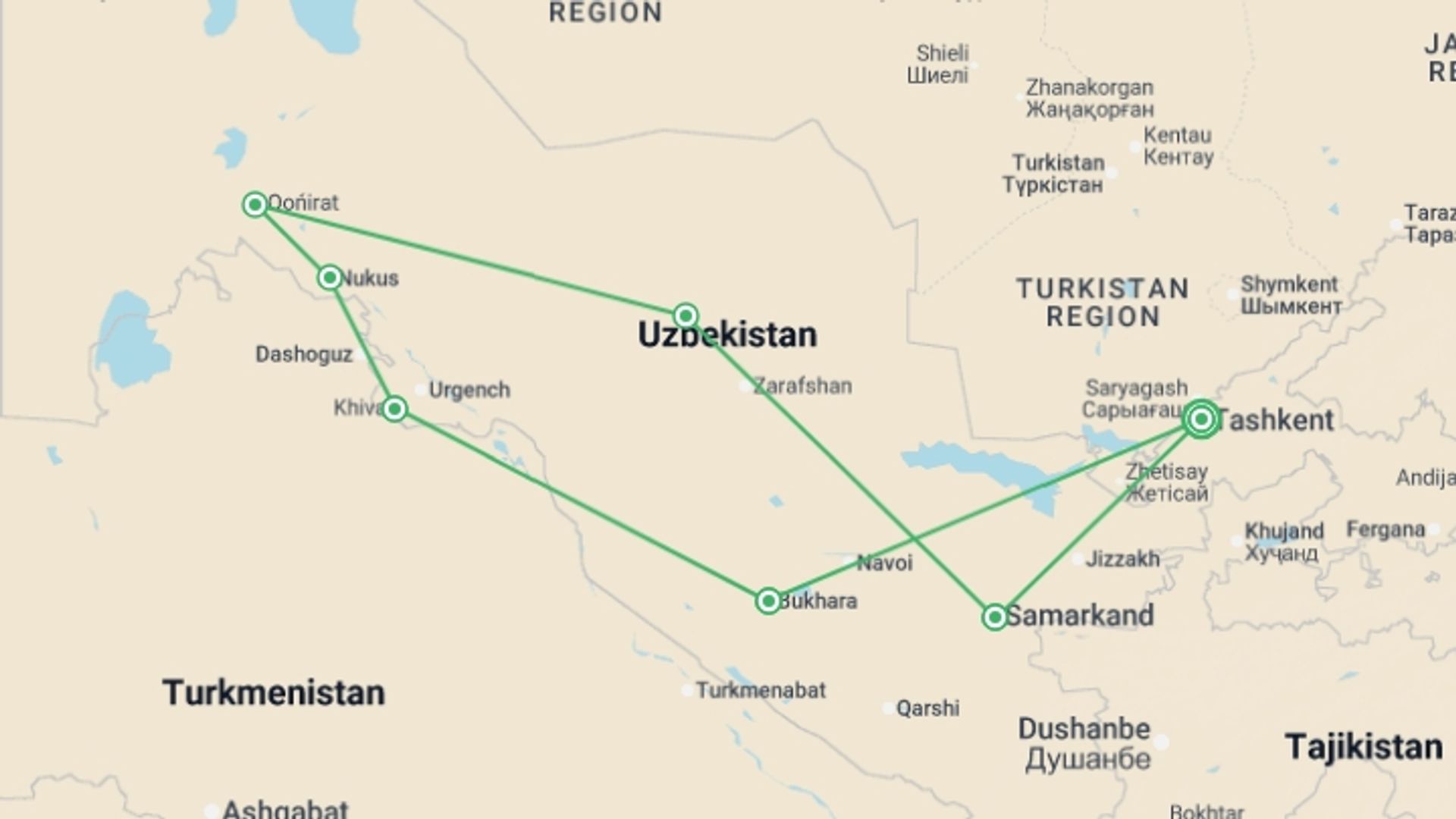A map showing the tour itinerary for the trip: Discover Uzbekistan, starting in Tashkent, Uzbekistan and ending in Tashkent, Uzbekistan going through 6 other destinations.