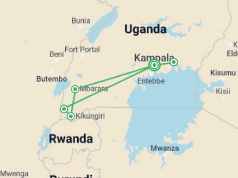 Map of Uganda Tour with 5 destination visits for the trip: Uganda Overland: Gorillas & Chimps