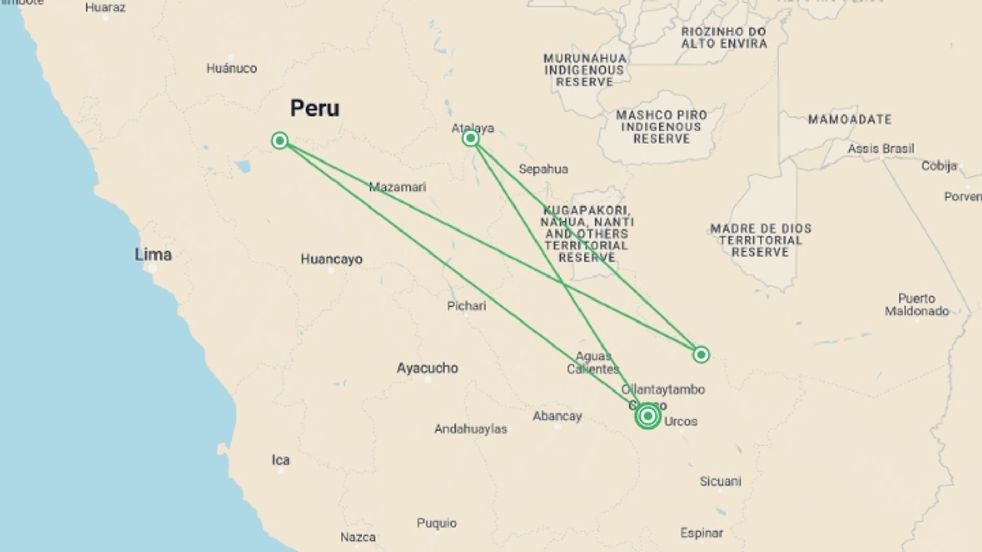 A map showing the tour itinerary for the trip: 4-Day Manu National Park Tour: World Biosphere Reserve from Cusco, starting in Cusco, Peru and ending in Cusco, Peru going through 2 other destinations.