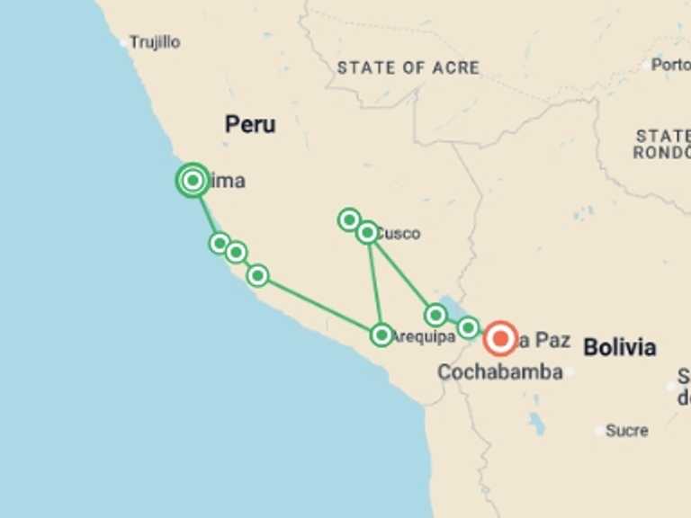 Map of 21-Day Cusco Tour with 11 destination visits for the trip: Mountains to the Lakes