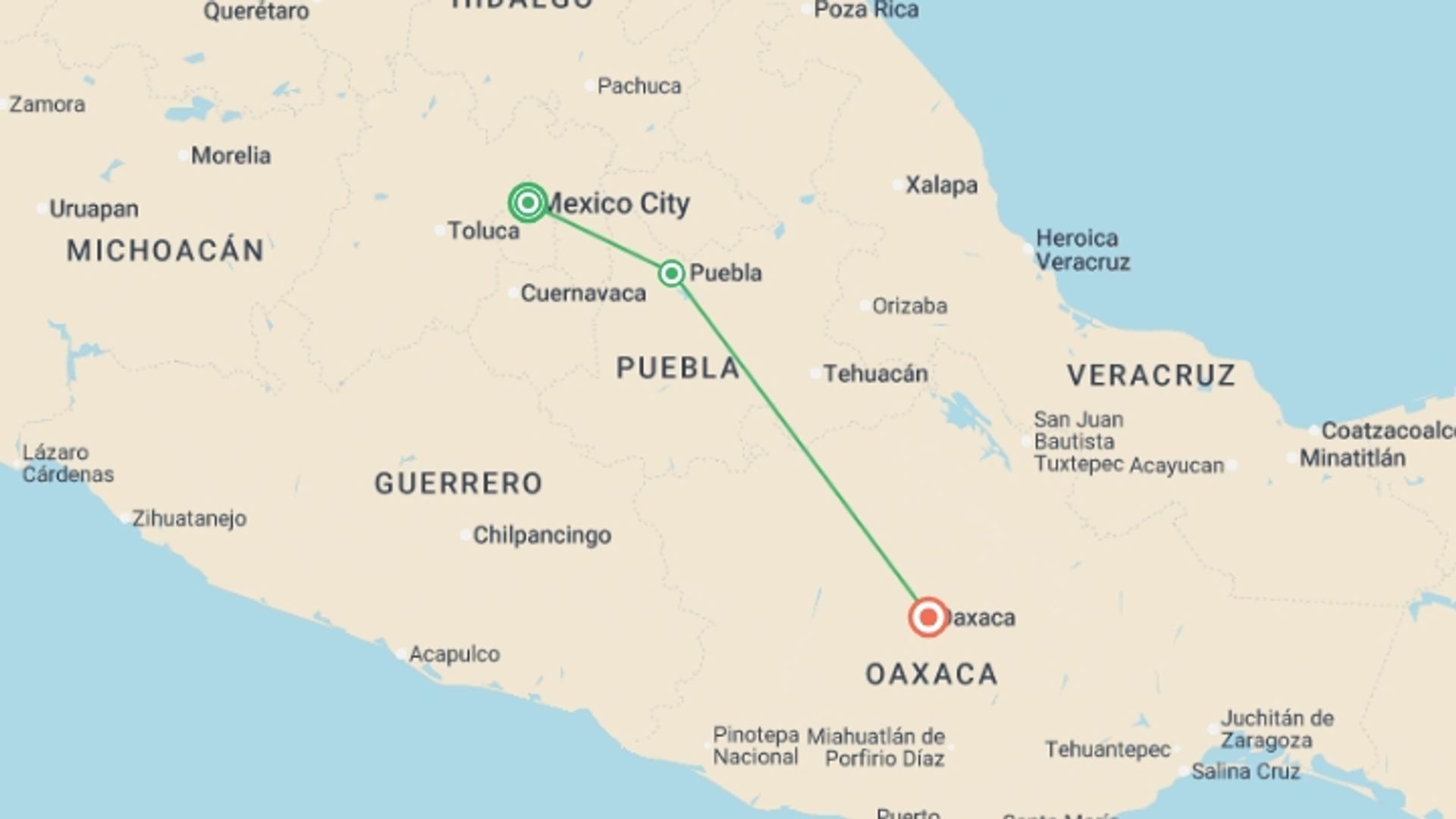 A map showing the tour itinerary for the trip: Journeys: Discover Mexico, starting in Mexico City, Mexico and ending in Oaxaca, Mexico going through 1 other destinations.