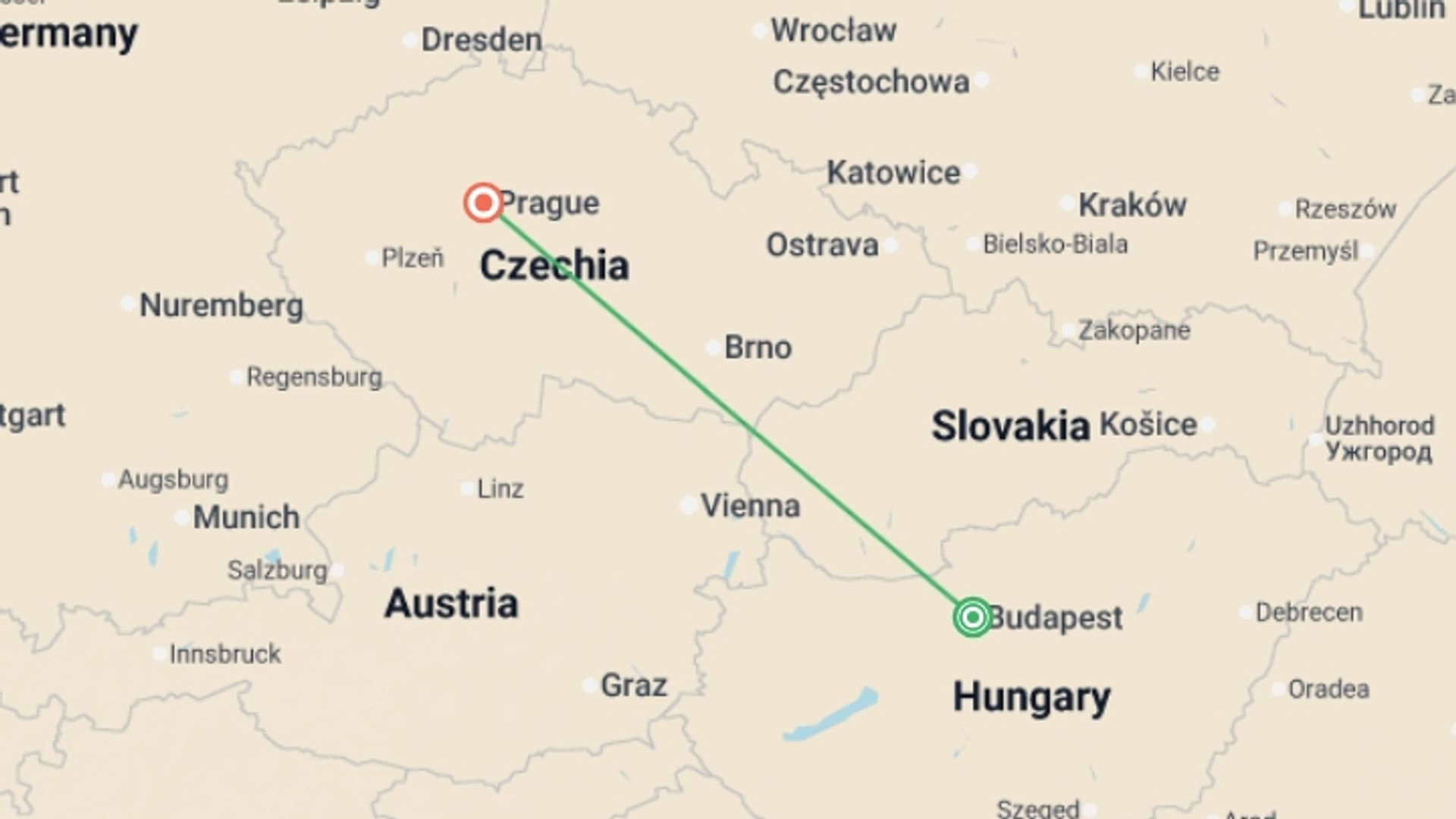 A map showing the tour itinerary for the trip: Eastern Capitals GO, starting in Budapest, Hungary and ending in Prague, Czech Republic going through 0 other destinations.
