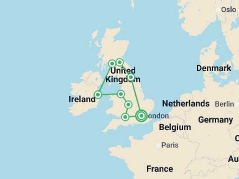Map itinerary of Europe Tour in July 2026 with 8 destination visits for the trip: Scotland, Ireland, and Southern England with London