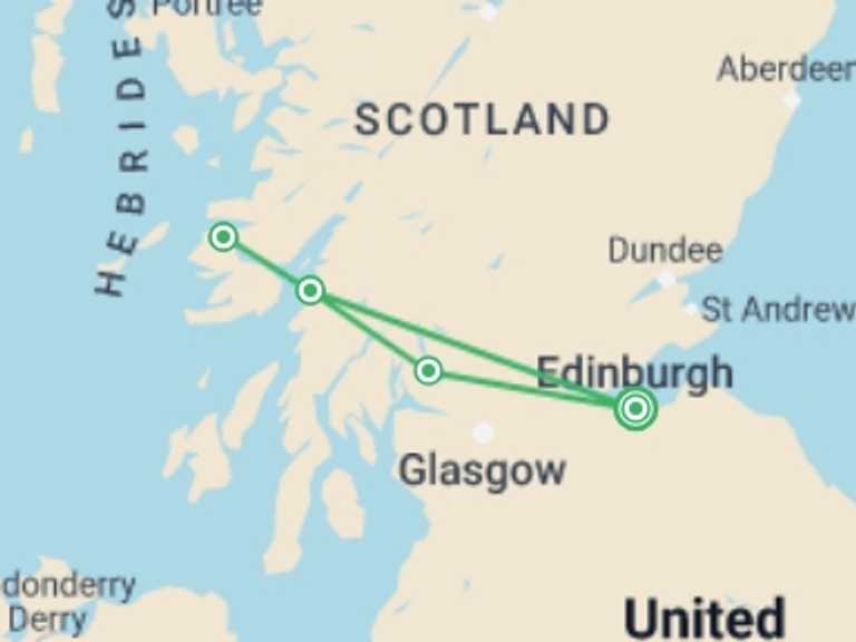 Map itinerary of Glasgow Tour in July 2026 with 4 destination visits for the trip: Puffin Island Hopper