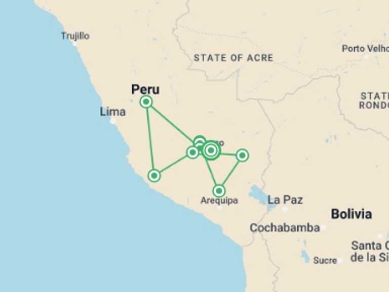 Map of 7-Day Cusco Tour with 7 destination visits for the trip: Seven-day Salkantay Trek & Inca Trail to Machu Picchu 
