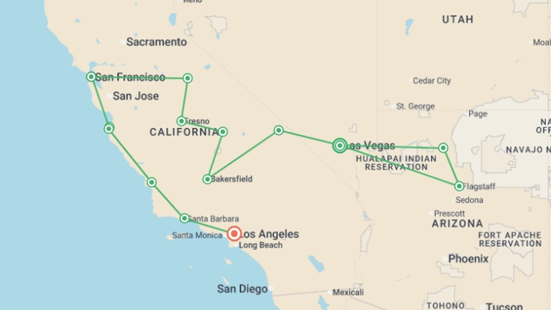 A map showing the tour itinerary for the trip: Great Cities of the West, starting in Las Vegas, USA and ending in Los Angeles, USA going through 5 other destinations.