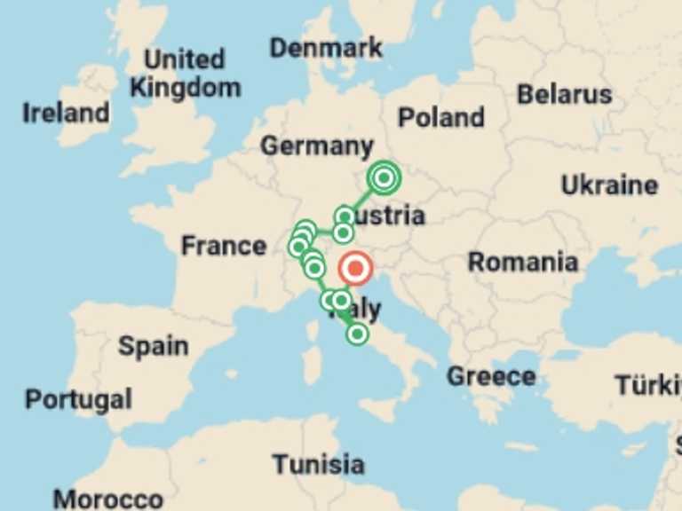 Map of Milan City sightseeing Tour with 7 destination visits for the trip: From Prague To Venice Through The Majestic Alps