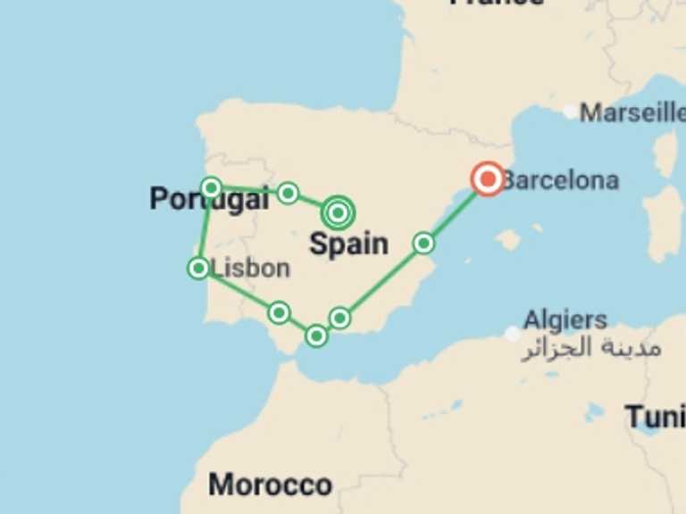 Map itinerary of Lisbon Tour in February 2027 with 9 destination visits for the trip: Best of Spain and Portugal