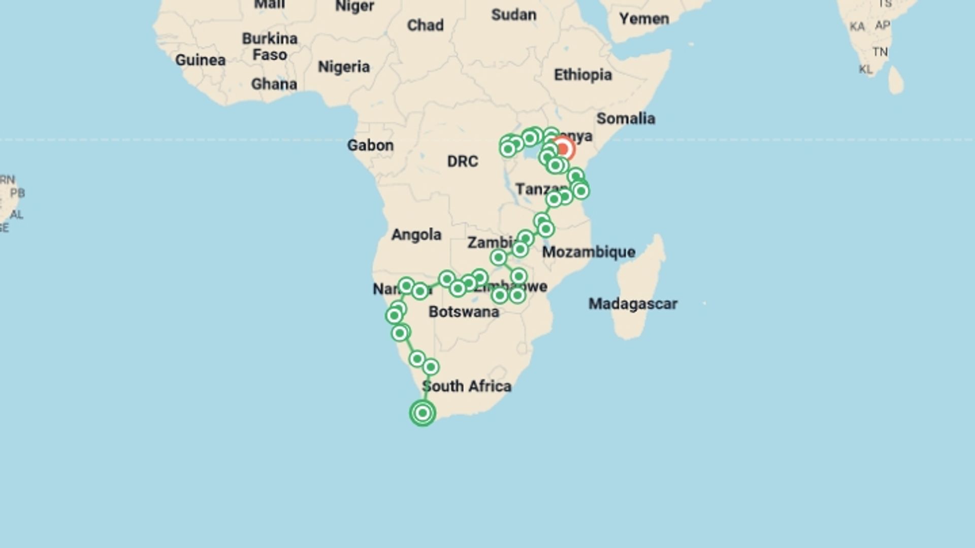 A map showing the tour itinerary for the trip: Africa Encompassed Northbound, starting in Cape Town, South Africa and ending in Nairobi, Kenya going through 41 other destinations.