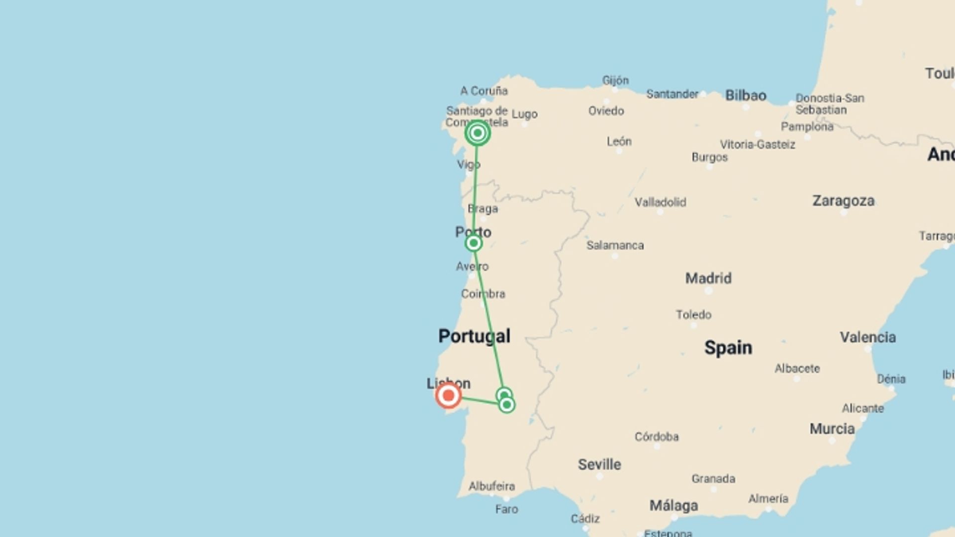 A map showing the tour itinerary for the trip: Portugal Real Food Adventure, featuring Galicia, starting in Santiago De Compostela, Spain and ending in Lisbon, Portugal going through 4 other destinations.