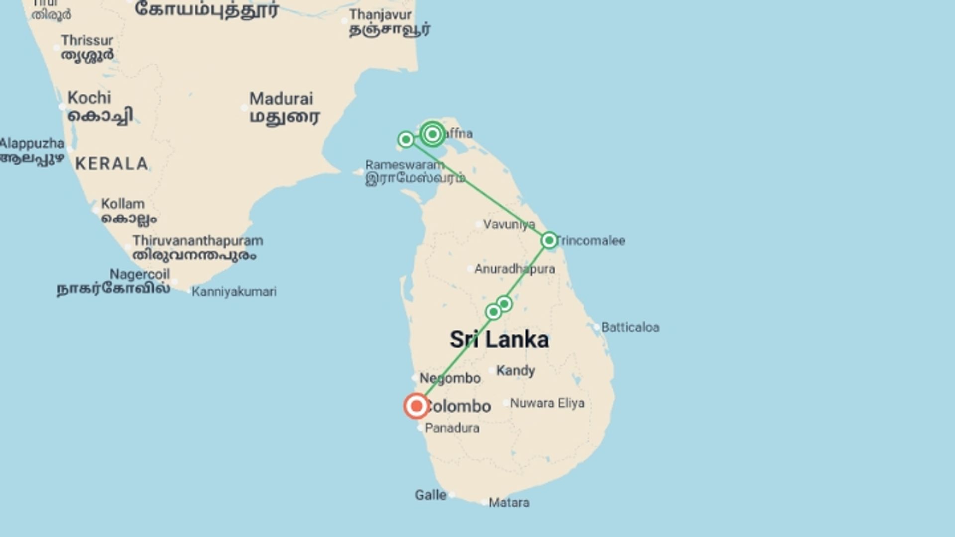 A map showing the tour itinerary for the trip: A Taste of Northern Sri Lanka - Jaffna to Colombo, starting in Jaffna, Sri Lanka and ending in Colombo, Sri Lanka going through 4 other destinations.