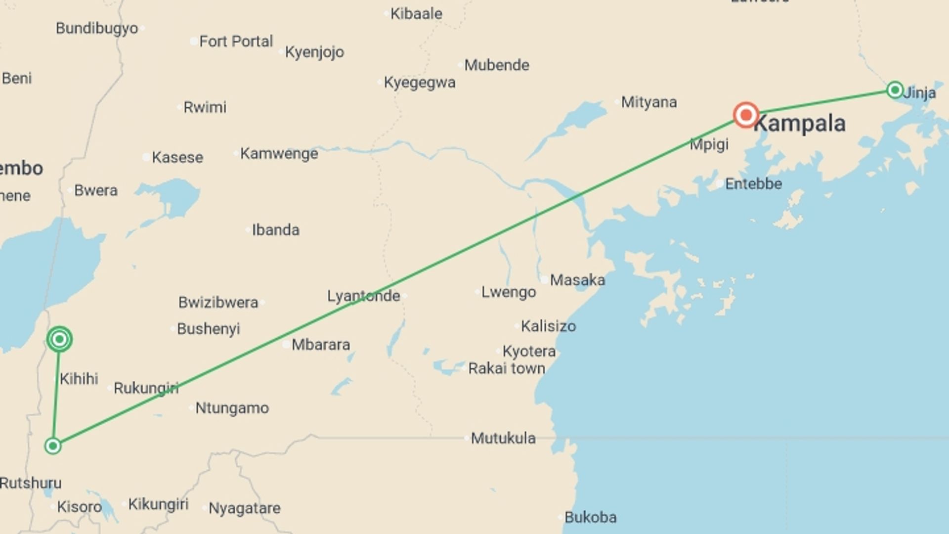 A map showing the tour itinerary for the trip: Gorillas, Chimps & Nile River (Accommodated) - 9 days, starting in Queen Elizabeth National Park, Uganda and ending in Kampala, Uganda going through 3 other destinations.