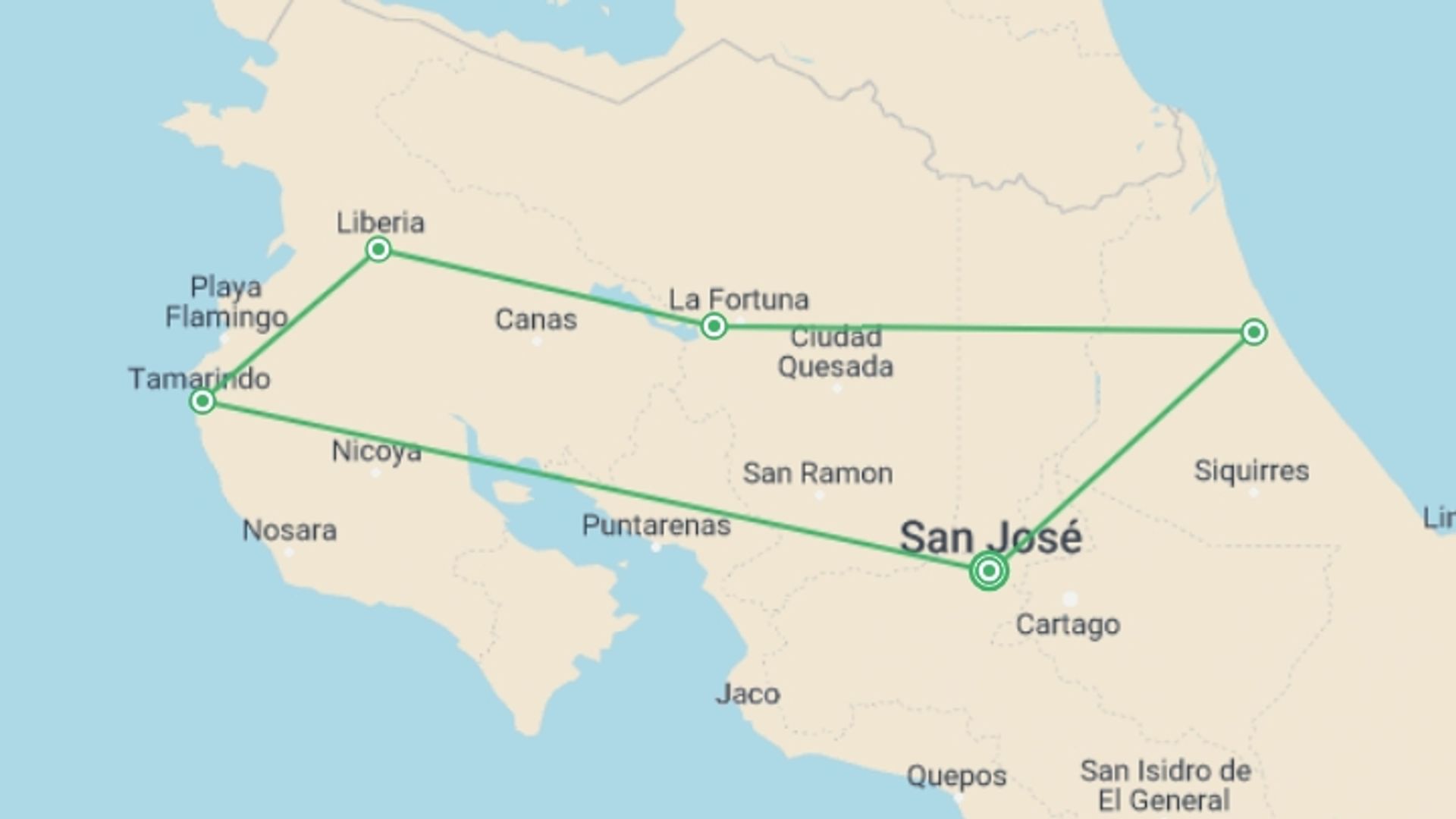 A map showing the tour itinerary for the trip: Magic Costa Rica 9 Days, starting in San Jose, Costa Rica and ending in San Jose, Costa Rica going through 3 other destinations.