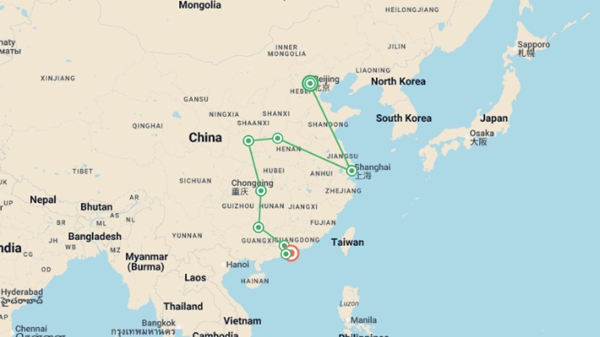 A map showing the tour itinerary for the trip: North and South China with the Avatar Trail, starting in Beijing, China and ending in Hong Kong, Hong Kong going through 7 other destinations.