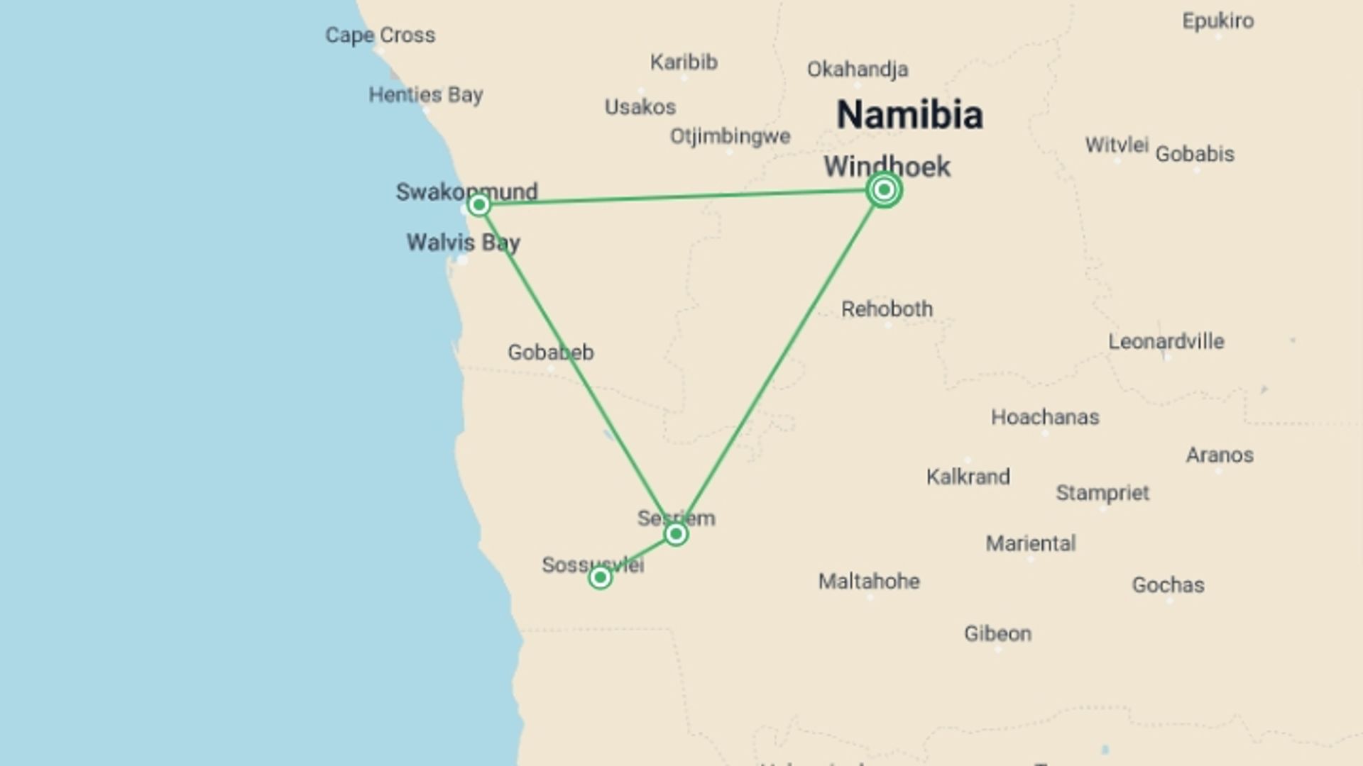 A map showing the tour itinerary for the trip: 4 Day Swakopmund & Sossusvlei Adventure, starting in Windhoek, Namibia and ending in Windhoek, Namibia going through 6 other destinations.