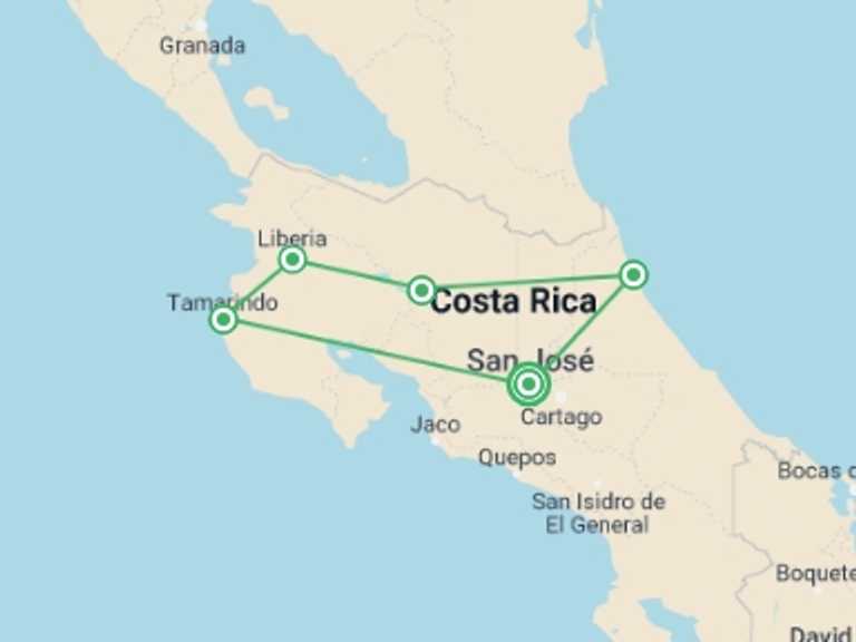 Map of 9-Day San Jose Tour with 4 destination visits for the trip: Magic Costa Rica 9 Days, Self-drive