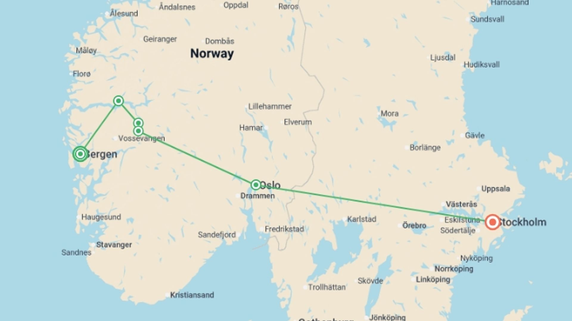 A map showing the tour itinerary for the trip: Magic of Norwegian Fjords and Stockholm, starting in Bergen, Norway and ending in Stockholm, Sweden going through 2 other destinations.