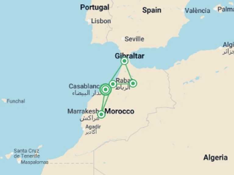 Map itinerary of Africa Tour in August 2026 with 4 destination visits for the trip: Casablanca & Imperial Morocco (Superior) - 9 days