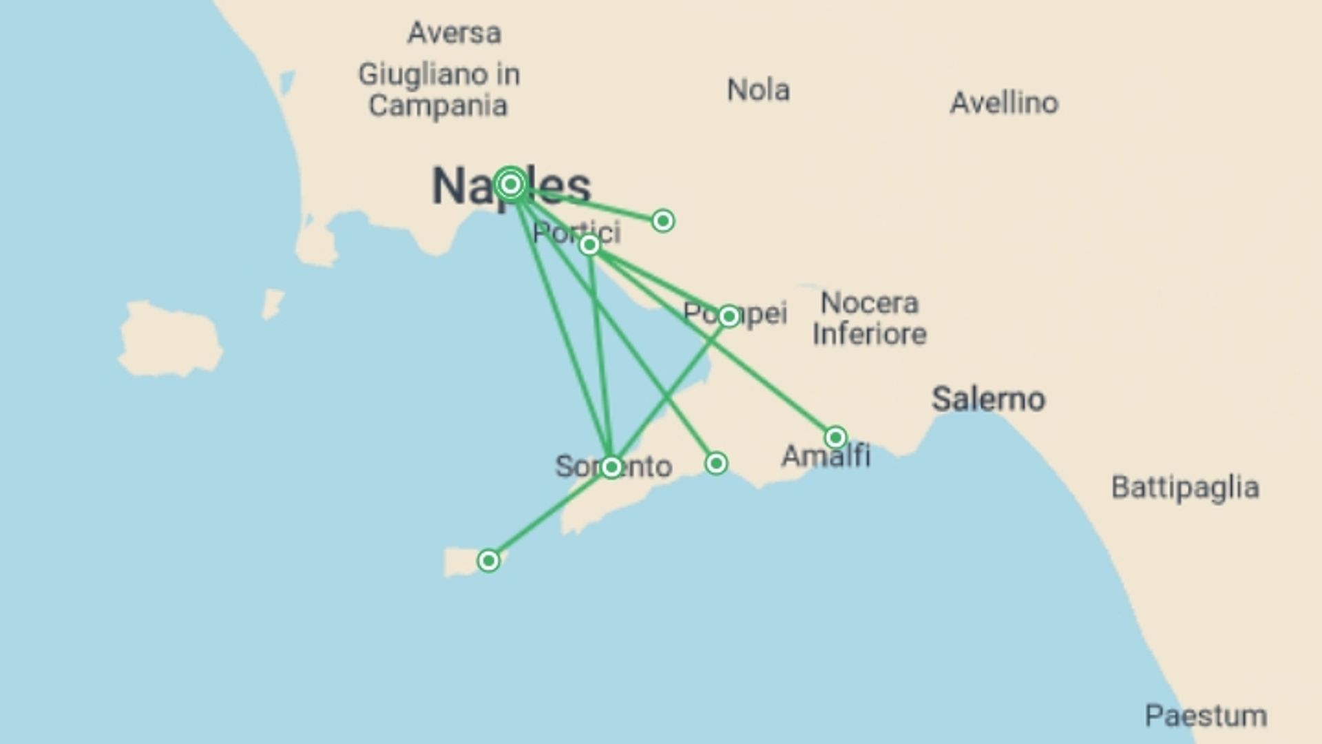 A map showing the tour itinerary for the trip: Amalfi Explorer, starting in Naples, Italy and ending in Naples, Italy going through 2 other destinations.