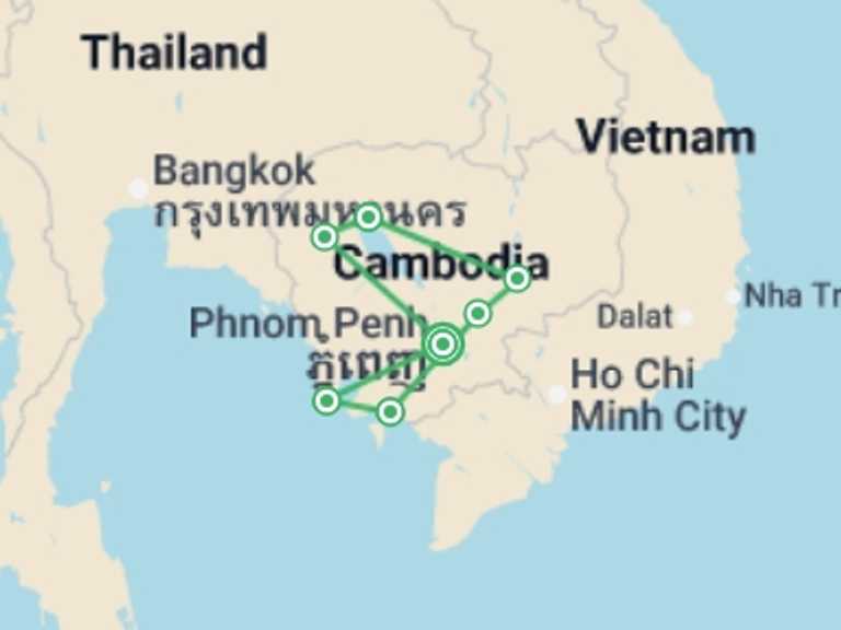 Map itinerary of Cambodia Tour in September 2026 with 7 destination visits for the trip: Ultimate Cambodian Adventure