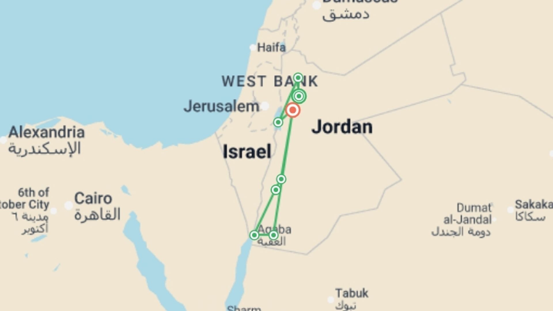 A map showing the tour itinerary for the trip: Cycle Jordan: Petra, Wadi Rum & the Dead Sea, starting in Amman, Jordan and ending in Madaba, Jordan going through 4 other destinations.