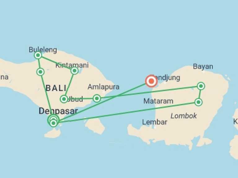 Map itinerary of Indonesia Tour in July 2027 with 10 destination visits for the trip: Indonesia: Bali to Lombok