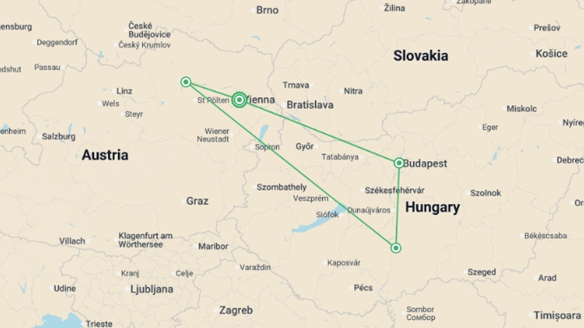 A map showing the tour itinerary for the trip: The beautiful blue Danube (port-to-port cruise), starting in Vienna, Austria and ending in Vienna, Austria going through 3 other destinations.