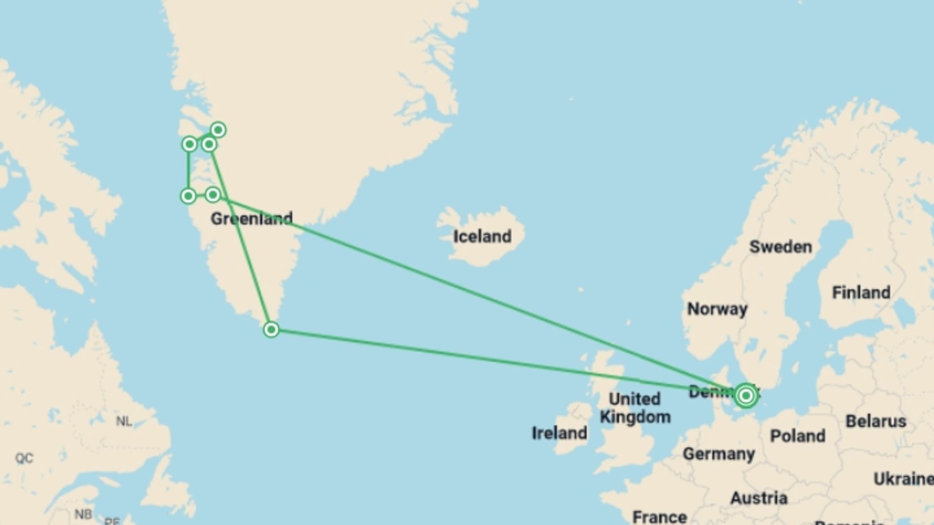 A map showing the tour itinerary for the trip: Greenland Disko Bay Discovered - 7 Days, starting in Copenhagen, Denmark and ending in Copenhagen, Denmark going through 6 other destinations.