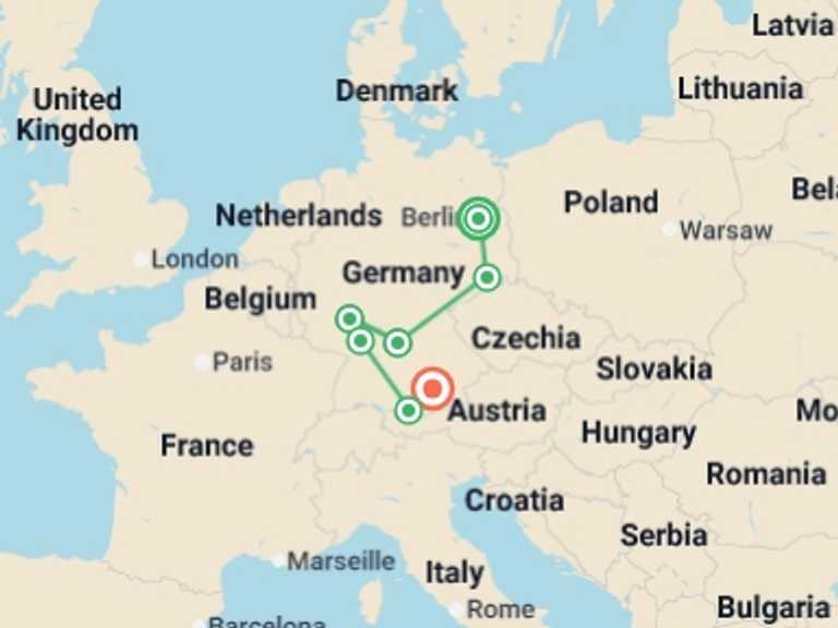 Map of Europe Cultural, religious and historic sites Tour with 8 destination visits for the trip: Best of Germany