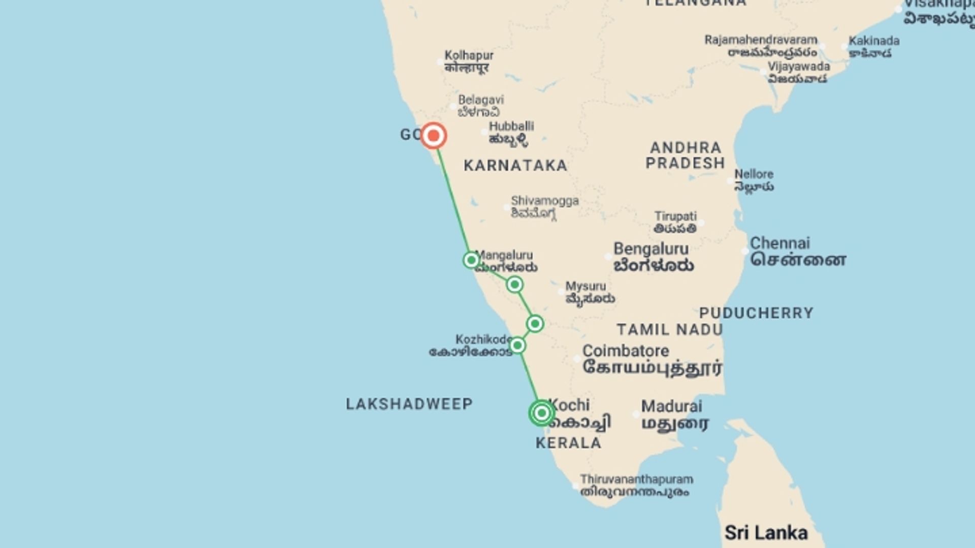 A map showing the tour itinerary for the trip: Upgraded - South India: Kerala to Goa, starting in Kochi, India and ending in Goa, India going through 5 other destinations.