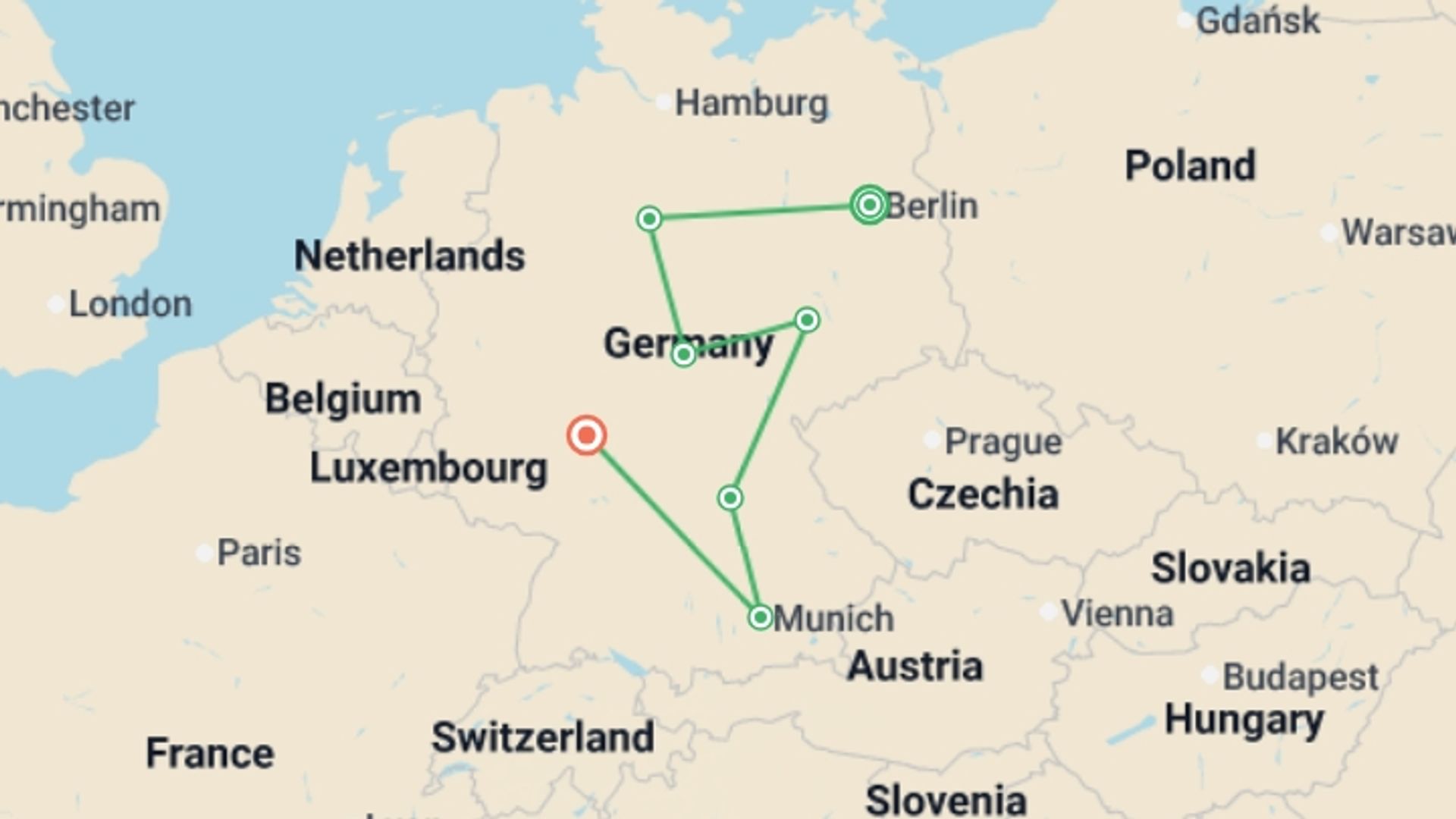 A map showing the tour itinerary for the trip: Full Germany Circuit with Berlin, Ending in Frankfurt, starting in Berlin, Germany and ending in Frankfurt, Germany going through 5 other destinations.