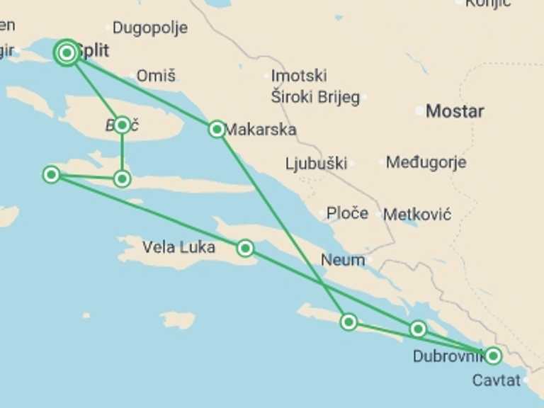 Map itinerary of Balkans Tour in October 2026 with 8 destination visits for the trip: Sailing Split (Premium Plus) - 8 days