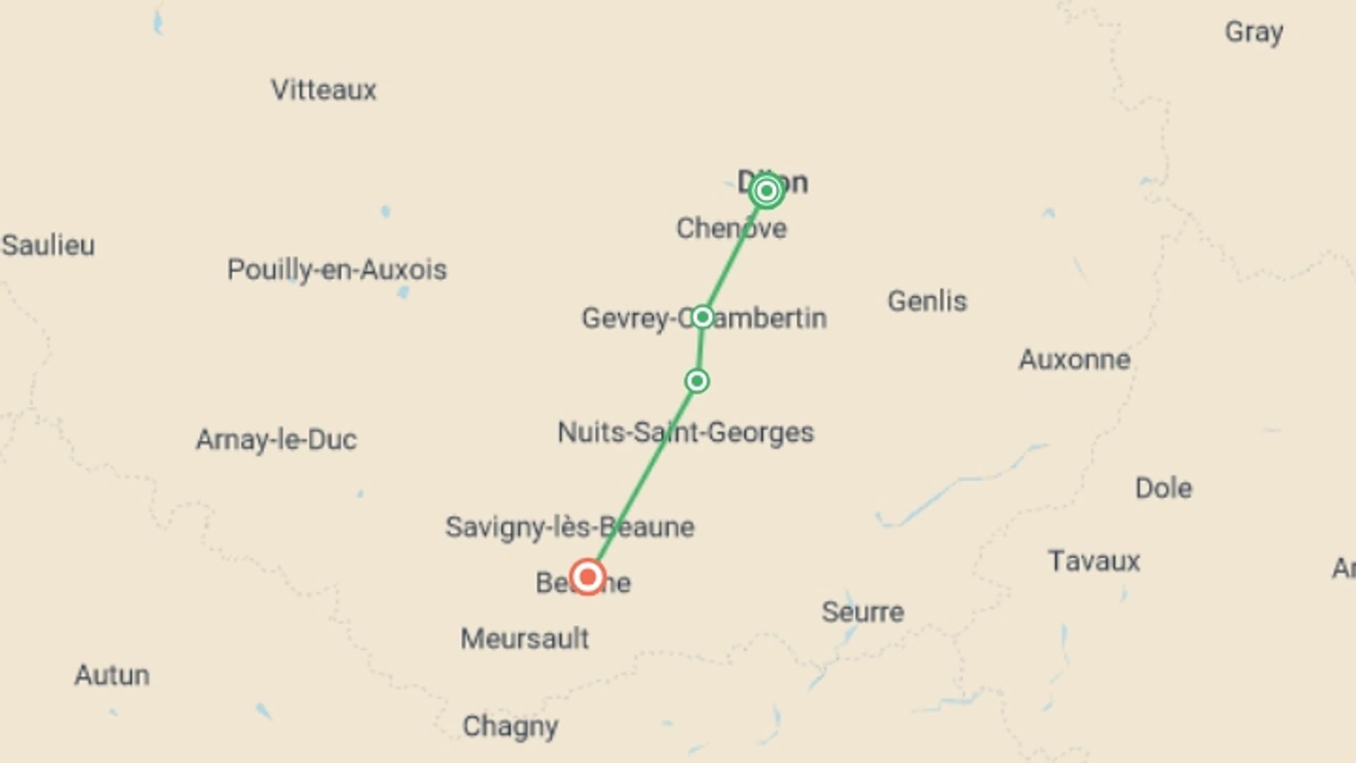 A map showing the tour itinerary for the trip: Walking in Burgundy's Vineyards, starting in Dijon, France and ending in Beaune, France going through 2 other destinations.