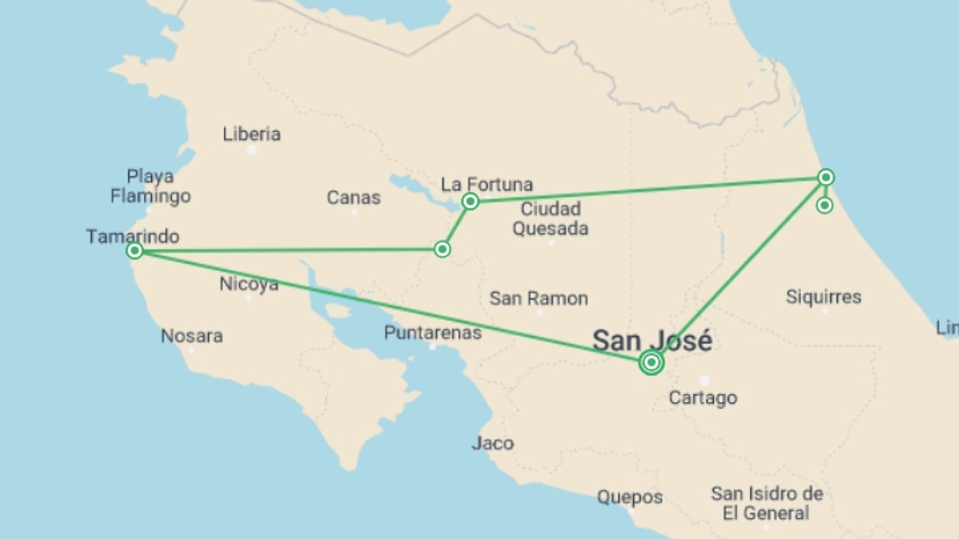 A map showing the tour itinerary for the trip: Costa Rica: Love In The Jungle, starting in San Jose, Costa Rica and ending in San Jose, Costa Rica going through 6 other destinations.