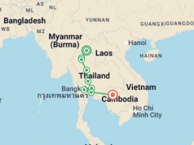 Map of South East Asia Tour with 7 destination visits for the trip: Thailand Grand Tour & Cambodia Package, Small Group Tour (english Only)