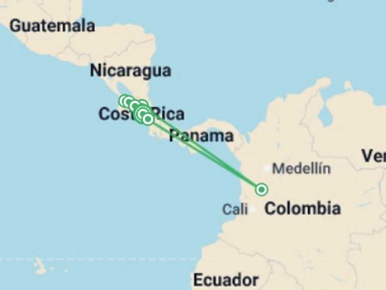 Map of South America Tour with 6 destination visits for the trip: Costa Rica: Land Of Volcanoes And Rainforests, French-speaking Guide