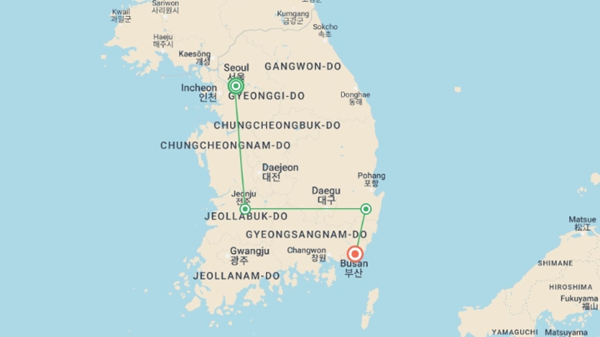 A map showing the tour itinerary for the trip: South Korea in 10 Days, starting in Seoul, South Korea and ending in Busan, South Korea going through 3 other destinations.