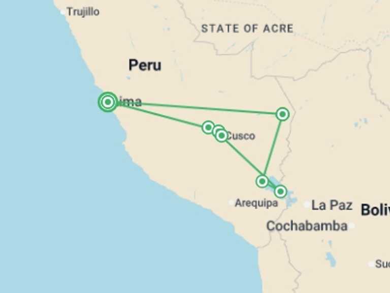 Map itinerary of Andes Tour in April 2027 with 7 destination visits for the trip: In the Footsteps of Incas