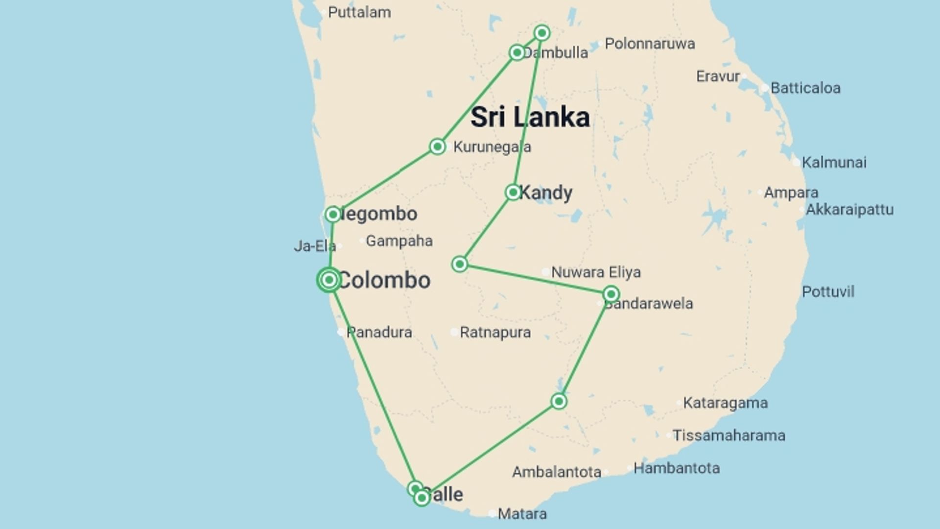 A map showing the tour itinerary for the trip: Essential Sri Lanka Explorer - 13 days, starting in Colombo, Sri Lanka and ending in Colombo, Sri Lanka going through 7 other destinations.