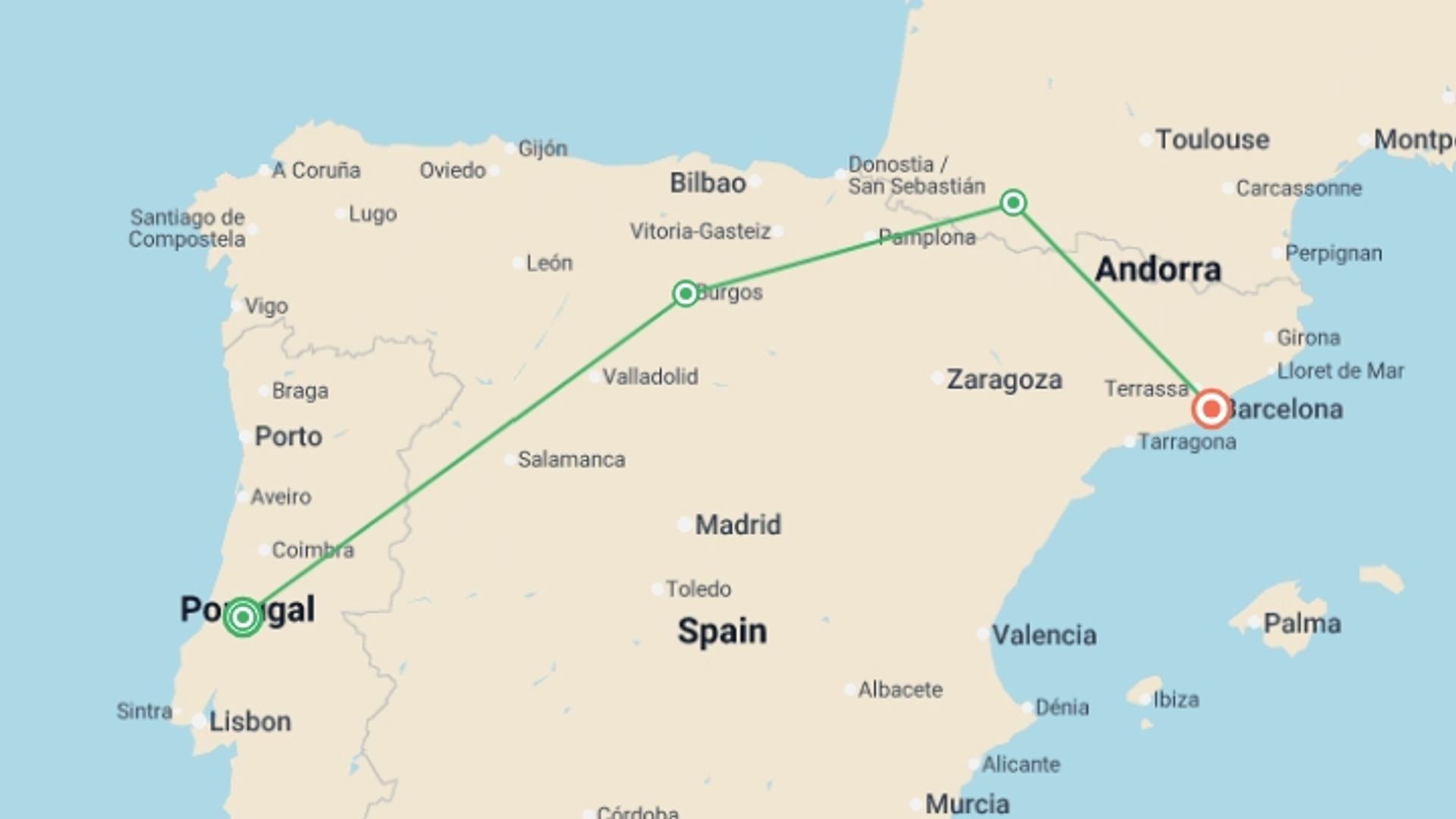 A map showing the tour itinerary for the trip: Pilgrimage Fatima/Lourdes, starting in Fátima, Portugal and ending in Barcelona, Spain going through 2 other destinations.