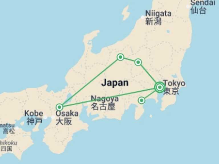 Map itinerary of Asia Tour in July 2026 with 5 destination visits for the trip: Tokyo, Kyoto, Alps and Fuji