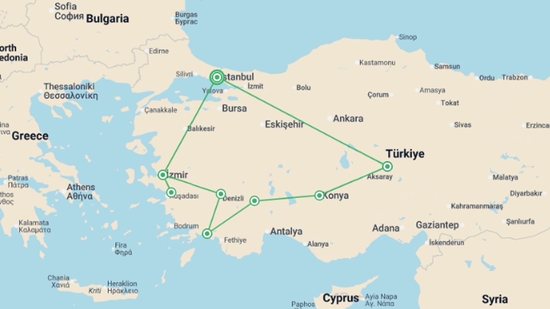 A map showing the tour itinerary for the trip: Treasures of Turkiye, starting in Istanbul, Turkey and ending in Istanbul, Turkey going through 4 other destinations.