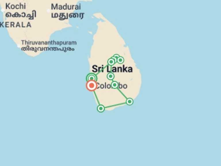 Map of Negombo Explorer Tour with 8 destination visits for the trip: Full Sri Lanka Adventure 14D/13N