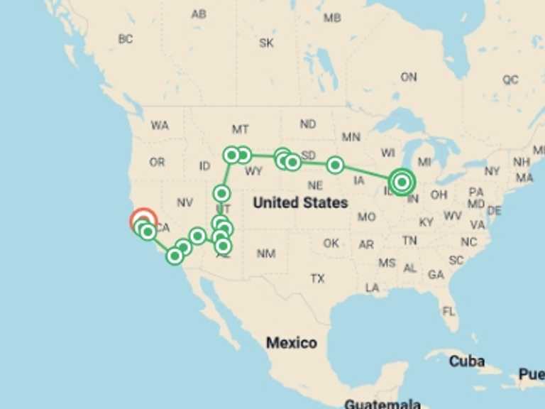 Map of Yellowstone National Park Tour with 12 destination visits for the trip: Chicago, Yellowstone & Los Angeles - 14 days