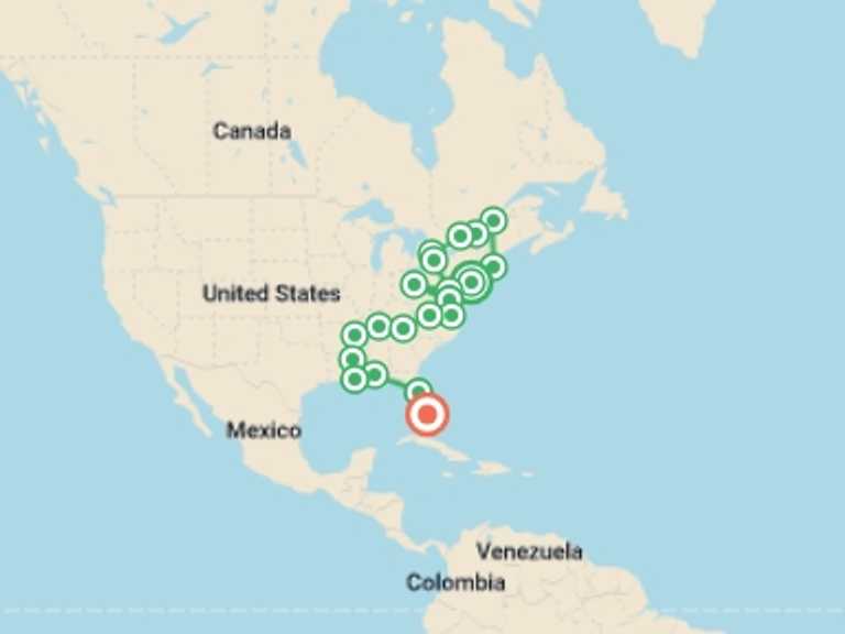 Map itinerary of Canada Tour in October 2025 with 16 destination visits for the trip: The Grand East