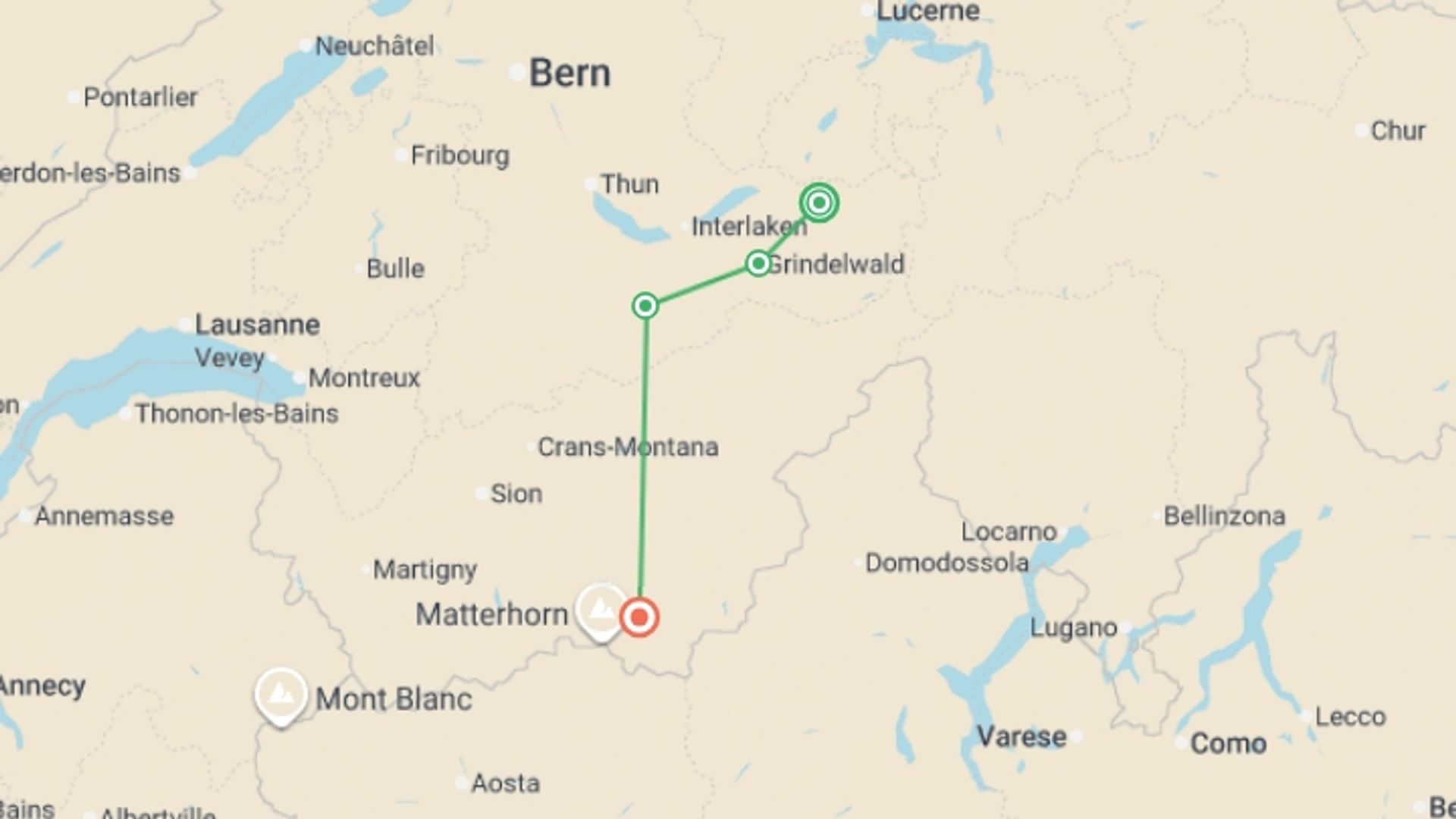 A map showing the tour itinerary for the trip: The Bernese Oberland and Reichenbach Falls, starting in Meiringen, Switzerland and ending in Zermatt, Switzerland going through 2 other destinations.