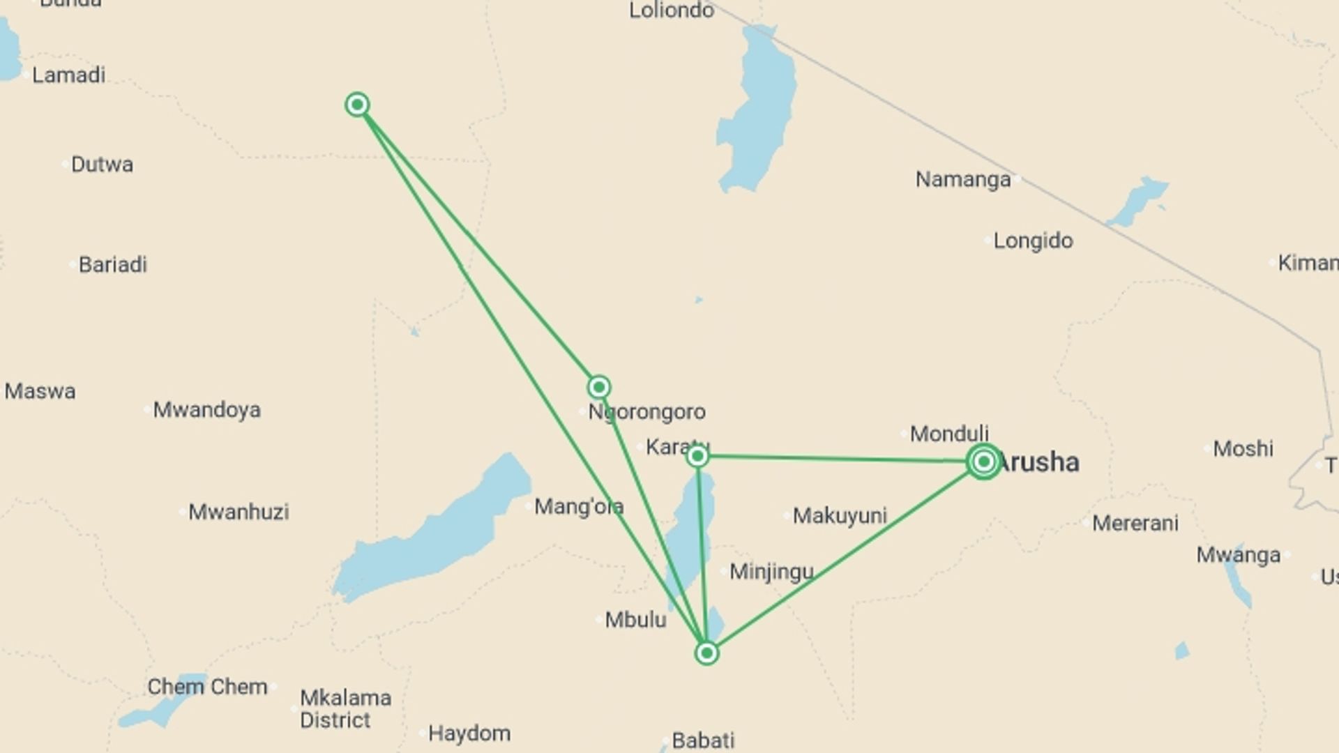 A map showing the tour itinerary for the trip: Highlights of Tanzania Safari 6D/5N (Tarangire, Serengeti & Ngorongoro), starting in Arusha, Tanzania and ending in Arusha, Tanzania going through 3 other destinations.